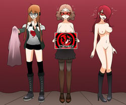 absurdres boots bottomless brainwashing breasts brown_hair expressionless female_only femdom femsub glasses happy_trance haru_okumura hypnosis knee-high_boots large_breasts long_hair mind_control mitsuru_kirijo nexus_light nude open_mouth orange_hair pantyhose persona persona_3 persona_5 red-tinted_eyewear red_hair sakura_futaba short_hair skirt tech_control thighhighs tinted_eyewear tongue tongue_out topless unaware visor