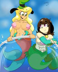 2girls 4_fingers big_breasts blonde_hair breasts brown_hair canine collar female female_only fingerless_gloves fish_bowl gooby_(super_planet_dolan) green_eyes green_tail hair hat mammal marine merfolk mermaid multiple_girls nipples nude orange_tail pale-skinned_female pink_eyes sisters snewpee_(planet_dolan) super_planet_dolan tagme tinydevilhorns water