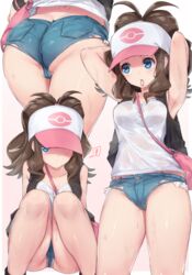 ! 1girls 2020 2020s armpits arms_behind_head ass bag baseball_cap between_breasts blue_eyes blue_shorts breasts brown_hair cameltoe clavicle cleavage cowboy_shot debutya_aki denim denim_shorts female handbag hat high_resolution hilda_(pokemon) hotpants human jean_shorts long_hair looking_at_viewer medium_breasts micro_shorts moderate_tomboy mouth_hold nintendo panties pokemon pokemon_bw ponytail scrunchie shirt short_hair shorts simple_background sitting solo standing sweat thighs tied_hair tomboy torn_clothes torn_shorts underwear vest wet wet_clothes white_panties white_shirt white_underwear yoi_naosuke