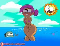 bikini blush bottomless clouds codykins123 covering covering_crotch dark-skinned_female dark_skin embarrassed enid huge_breasts navel ok_k.o.!_let's_be_heroes public purple_hair sun torn_clothes water wide_hips