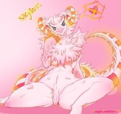 anthro anthrofied breasts claws duo fan_character female female_only fur horn horns kaiju pink_eyes simple_background sitting sugarbeasts-07 tail vipery-07 white_body white_fur