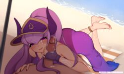 anklet beach blush cum dick feet gloves hair handjob horns league_of_legends lewdishsnail ocean ponytail pool_party_series pool_party_syndra purple_eyes purple_hair sand swimsuit syndra towel umbrella