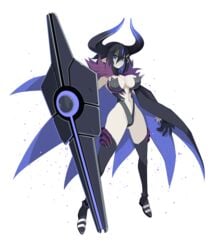 asagi_asagiri bikini black_hair blue_eyes breasts cape cleavage demon demon_girl disgaea disgaea_rpg female fur_collar gradient_horns harada_takehito horns huge_breasts large_breasts nippon_ichi_software official_art overlord_asagi pointy_ears sling_bikini weapon