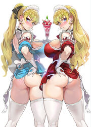 2girls blonde_hair blue_eyes blush claire_harvey hundred long_hair looking_at_viewer looking_back maid maid_uniform multiple_girls ookuma_(nitroplus) panties ponytail thick_thighs thighs tied_hair