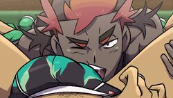 2boys alolan_boy bad_id black_briefs black_eyes briefs bright_pupils bulge cheating dark-skinned_male dark_skin english_commentary gay highres human jewelry kiawe_(pokemon) kukui_(pokemon) male male/male male_focus male_only male_pubic_hair male_underwear multicolored_hair multiple_boys nintendo one_eye_closed open_mouth patterned_clothing pokemon pokemon_sm pov pubic_hair ring saliva solo_focus trial_captain two-tone_hair underwear wedding_band yaoi