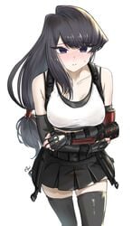 1girls belt big_breasts black_eyes black_hair black_legwear blush cosplay embarrassed female female_focus female_only final_fantasy final_fantasy_vii fingerless_gloves gloves komi-san_wa_komyushou_desu komi_shouko large_breasts long_hair looking_at_viewer low-tied_long_hair miniskirt mitsugu see-through simple_background skirt solo solo_focus tank_top tifa_lockhart tifa_lockhart_(cosplay)