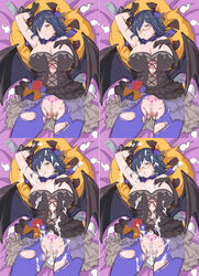 2018 arm_up ass_visible_through_thighs asymmetrical_gloves bat_wings bed blue_bow blue_hair blue_pubic_hair blush bow bowtie breasts censored closed_mouth cum cum_in_pussy cum_on_ass cum_on_body cum_on_breasts cum_on_clothes cum_on_glasses cum_on_gloves cum_on_hair cum_on_lower_body cum_on_stomach cum_on_upper_body cumdrip demon_horns dress excessive_cum eyebrows_visible_through_hair facial female flower frilled_dress frilled_gloves frills glasses gloves grey_dress grey_gloves hair_flower hair_ornament hair_over_one_eye hand_on_own_chest highres horns jack-o'-lantern kiyama_satoshi looking_at_viewer lying mole mole_under_eye mosaic_censoring multicolored multicolored_clothes multicolored_dress nijisanji nipple_slip nipples on_back on_bed orange_bow presenting_armpit pubic_hair pubic_hair_peek pubic_tattoo raised_eyebrows red-framed_eyewear see-through shiny shiny_hair shizuka_rin short_hair sidelocks smile solo succubus succubus_tattoo sweatdrop tattoo tombstone tongue tongue_out torn_clothes torn_legwear variations virtual_youtuber wings yellow_eyes