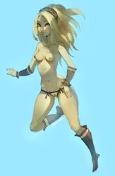 1girls belly belly_button boots breasts calf_boots exposed exposed_torso female female_only gravity_rush heel_boots high_heel_boots kat_(gravity_rush) knee_boots mostly_nude myoutsumi red_eyes solo tagme vagina