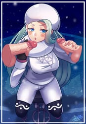 1girls 2boys blue_eyes double_handjob fingerless_glove glove gloved_handjob handjob human light-skinned_female light-skinned_male light_skin melony_(pokemon) milf mmf_threesome penis pokemon pokemon_ss saova_drawing tagme threesome