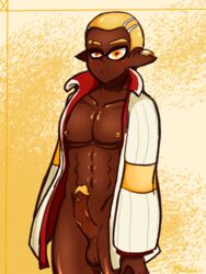 abs artist_request blonde_hair coat coat_only dark-skinned_male dark_skin earring eging_jr_(splatoon) male male_only nipple_piercing nipples penis red_pupils solo source_request splatoon splatoon_(manga) tagme topwear topwear_only white_clothing white_sclera yellow_eyes yellow_glans yellow_hair yellow_nipples