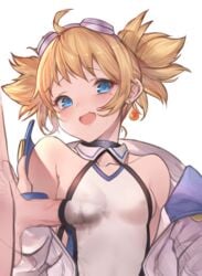 1boy absurdres bangs bare_shoulders betabeet blonde_hair blue_eyes blush breasts coat collarbone competition_swimsuit erection eyebrows_visible_through_hair female goggles goggles_on_head granblue_fantasy head_tilt highres jewelry long_sleeves looking_at_viewer oerba_yun_fang off_shoulder one-piece_swimsuit open_clothes open_coat open_mouth pengy_(granblue_fantasy) penis penis_under_clothes short_hair short_twintails simple_background single_earring skin_fang small_breasts solo_focus swimsuit twintails white_background white_coat white_swimsuit