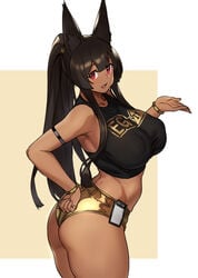 1girls anubis_(houtengeki) ass big_ass big_breasts breasts cleavage dark-skinned_female egyptian female female_only houtengeki large_breasts looking_at_viewer looking_back nipple_bulge solo