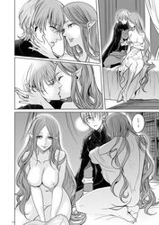 ass black_and_white byleth_(fire_emblem) byleth_(fire_emblem)_(male) clothed_male_nude_female comic couple doujinshi fire_emblem fire_emblem:_three_houses interspecies japanese_text kissing married masakikazuyoshi nipples nude_female pointy_ears rhea_(fire_emblem) rhealeth undressing