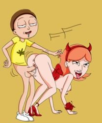 1boy 1girls all_fours alpha_male clothing doggy_style female foot_folk high_heels interspecies jessica_(rick_and_morty) male rick_and_morty succubus tagme