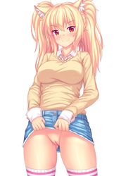 >:) absurdres animal_ear_fluff animal_ears bangs blonde_hair blue_skirt blush breasts brown_sweater cat_ears clitoris closed_mouth collarbone collared_shirt denim denim_skirt eyebrows_visible_through_hair female flashing hair_between_eyes highres lifted_by_self long_hair long_sleeves looking_at_viewer medium_breasts no_panties original paid_reward patreon_reward pussy red_eyes shirt sidelocks simple_background skirt skirt_lift sleeves_past_wrists slit_pupils smile solo striped striped_legwear sweater thighhighs tiffy tiffynyaa twintails uncensored underwear v-shaped_eyebrows vagina white_background white_shirt