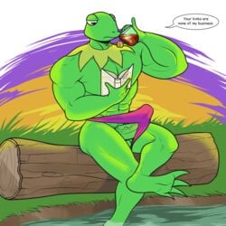 1:1 2019 abs amphibian anthro balls beverage big_muscles book bulge clothed clothing dialogue drinking english_text erection erection_under_clothing frog genitals gesture grass green_balls green_body green_penis green_skin holding_book holding_object kermit_the_frog log male male_only muppets muscular muscular_male pecs penis pinky_out sitting solo speedo swimwear tea teabag tenting text the_purple_wolf_guy topless underwear vein veiny_penis water wood