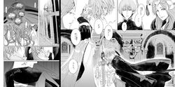 bedroom between_legs black_and_white byleth_(fire_emblem) byleth_(fire_emblem)_(male) comic couple doujinshi fire_emblem fire_emblem:_three_houses interspecies japanese_text laying_on_bed love making_out married masakikazuyoshi rhea_(fire_emblem) rhealeth