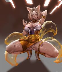 1girls ahri arms_behind_head breasts breasts_out clothes_lift clothing_aside condom condoms cum cum_in_hair cum_in_pussy cum_inside cum_on_body cum_on_breasts cum_on_face cum_on_hair cum_on_hand cum_on_legs filled_condom filled_condoms fox_girl high_heel_boots high_heels k/da_ahri k/da_ahri_prestige_edition k/da_series league_of_legends prestige_skin sjl solo spread_legs spreading