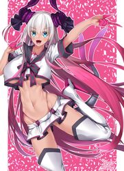 aged_up big_breasts blue_eyes claws curvy dragon_girl dragon_tail earrings elizabeth_bathory_(fate) fangs fate/extra fate/grand_order fate_(series) gradient_hair horns huge_breasts looking_at_viewer midriff open_mouth pink_hair silver_hair tail tan_skin thighhighs watosu_(watosu_mama)