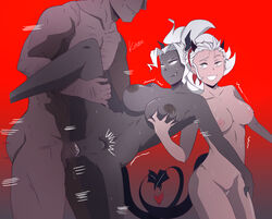 1boy 2demons 2girls absurdres breasts demon_girl demon_horns demon_tail female group_sex helltaker highres horns huge_breasts inverted_nipples judgement_(helltaker) justice_(helltaker) kinaee large_breasts large_penis male multiple_girls nipples no_sunglasses nude penis sex simple_background tail threesome vaginal_penetration