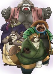 2020 absurd_res anthro asian_clothing balls belly brown_body brown_fur bulge canid canine clothing east_asian_clothing fundoshi fur genitals group gyobu hat headgear headwear heisei_tanuki_gassen_ponpoko hi_res humanoid_hands inugami_gyobu inugami_gyoubu_(nurarihyon_no_mago) inugami_gyoubu_(pom_poko) japanese_clothing kemono male male_only mametanu_tanuki mammal overweight overweight_male pom_poko raccoon_dog robe scar scarf simple_background studio_ghibli tanuki testicles tokyo_afterschool_summoners underwear video_games white_background