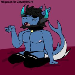 1boy anthro artist_request black_hair black_legwear black_panties black_socks black_thighhighs blue_horns blue_skin collar eye_patch eyepatch fangs gradient_horns horns legwear looking_at_viewer male male_only muscular muscular_male navel nipples on_knees open_mouth panties pet_collar purple_background request roblox roblox_avatar shark_humanoid shark_tail short_hair simple_background socks solo solo_male source_request stomach thighhighs thong tongue urbanmonster1 white_stripes