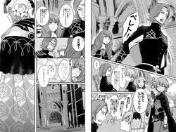 archbishop black_and_white byleth_(fire_emblem) byleth_(fire_emblem)_(male) cape comic dialogue doujinshi fire_emblem fire_emblem:_three_houses flayn_(fire_emblem) flower_in_hair japanese_text masakikazuyoshi nabatean_(fire_emblem) rhea_(fire_emblem) safe seteth_(fire_emblem) translation_request