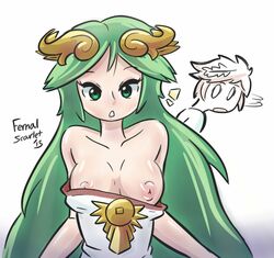 1boy 1girls bare_shoulders breasts dress_slip female fernal-scarlet goddess green_hair kid_icarus kid_icarus_uprising matching_hair/eyes medium_breasts nintendo palutena pit_(kid_icarus) topless very_long_hair wardrobe_malfunction