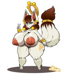 alpha_channel anthro bracelets brown_hair earrings female female_only fox fox_ears fox_tail furry gold_(metal) huge_ass huge_breasts jewelry kitsune nude oblivionrising robinebra shortstack solo transparent_background white_fur youkai