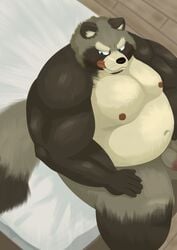 2020 anthro balls bed belly brown_body brown_fur canid canine fur furniture genitals hisashiyo_0705 kemono male male_only mammal moobs nipples overweight overweight_male penis raccoon_dog sitting solo tanuki tongue tongue_out