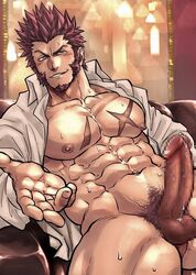 1boy abs bara beard blue_eyes blush brown_hair censored chest chun_(luxtan) cum erection facial_hair fate/grand_order fate_(series) goatee long_sleeves looking_at_viewer male_focus male_only manly mosaic_censoring muscle napoleon_bonaparte_(fate) nipples pectorals penis scar sideburns smile solo testicles thick_thighs thighs unbuttoned upper_body