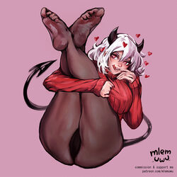 1girls 2020 :d ass big_breasts black_horn black_tail breasts clothed clothing color colored crossed_legs demon demon_girl demon_horns demon_tail ear feet female female_only focus hair heart heart_eyes helltaker legwear lips mlemuwu modeus_(helltaker) panties patreon patreon_username pink_background presenting pullover red_clothing red_eyes short_hair signature simple_background solo tagme teeth thighs toes tongue tongue_out white_hair white_skin