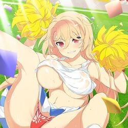 blonde_hair cheerleading red_eyes senran_kagura souji_(senran_kagura) wet_shirt yaegashi_nan