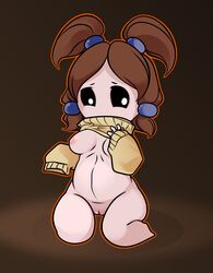 bethany_(the_binding_of_isaac) black_eyes bottomless breasts brown_hair chibi cleft_of_venus clothed clothing female genitals hair hi_res human human_only mammal pussy shirt_up solo suspendedpain sweater the_binding_of_isaac topwear twintails video_games