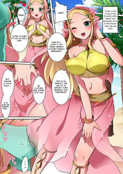 1boy 1futa aroused big_breasts blonde_hair blush breath_of_the_wild canon_crossdressing comic crossdressing femboy futanari gerudo_link gerudo_link_(cosplay) gerudo_top link link_(breath_of_the_wild) nipples princess_zelda runrun swana_clothing text the_legend_of_zelda trap zelda_(breath_of_the_wild)