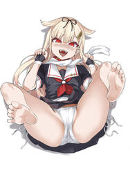 asanagi ass barefoot blonde_hair blush collar fangs feet hairclip kantai_collection laying_back looking_at_viewer open_mouth panties presenting presenting_pussy red_eyes scarf side-tie_panties skirt spread_legs underwear upskirt yuudachi_(kantai_collection)