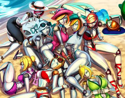 1boy 6+girls 9girls aka6 android ass beach bikini breasts cleavage female hat league_of_legends multiple_girls orianna pool_party_orianna pool_party_series robot robot_girl robot_joints sunglasses sunglasses_on_hat sunglasses_on_head swimsuit