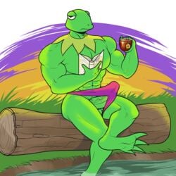 1:1 2019 abs amphibian anthro balls beverage big_muscles book bulge clothed clothing erection erection_under_clothing frog genitals grass green_balls green_body green_penis green_skin holding_book holding_object kermit_the_frog log male male_only muppets muscular muscular_male pecs penis sitting solo speedo swimwear tea teabag tenting the_purple_wolf_guy topless underwear vein veiny_penis water wood