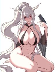 arknights bangs bare_shoulders bikini black_bikini breasts detached_sleeves eyebrows_visible_through_hair female grey_eyes hair_between_eyes hand_up hirumadou horns huge_breasts long_hair long_ponytail long_sleeves looking_at_viewer pointy_ears shining_(arknights) sidelocks silver_hair sitting smile solo swimsuit thighs very_long_hair wide_sleeves