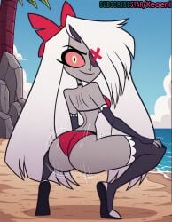 1girls accurate_art_style ai_generated angel angel_girl ass ass_focus ass_up back_view backshots beach big_breasts bikini blush breasts claws colored_sclera colored_skin curvy curvy_figure eye_patch female fingers gloves grey_body grey_nipples hair hair_over_one_eye hazbin_hotel hi_res keoenl legs_up light-skinned_male long_fingernails long_hair looking_at_viewer outdoors partially_clothed pleasure_face red_bikini red_bow sand sexy smile smug squat squatting subscribestar sweat thick_thighs thighhighs thin_waist twerk twerking twerking_position vaggie_(hazbin_hotel) vivziepop voluptuous voluptuous_female white_hair wide_hips