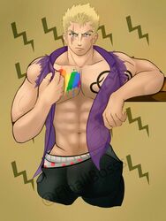 artist_request bara blush fairy_tail gay gay_pride laxus_dreyar lgbt_pride male muscles muscular muscular_male pride_colors