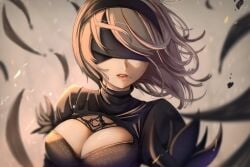 black_blindfold black_dress black_feathers black_hairband blindfold blurry blurry_background breasts cleavage cleavage_cutout clothing_cutout commentary dilan_griz dress facing_viewer feathers female grey_hair hairband highres large_breasts lips mole mole_under_mouth nier nier:_automata nier_(series) parted_lips short_hair solo swept_bangs turtleneck turtleneck_dress upper_body yorha_2b