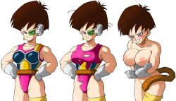 angry clothes_ripping clothing_damage dragon_ball dragon_ball_super dragon_ball_z embarrassed gloves mad naked naked_female saiyan saiyan_armor saiyan_female saiyan_tail scouter seripa shoes short_hair tinted_eyewear tits_out yamamoto_doujin