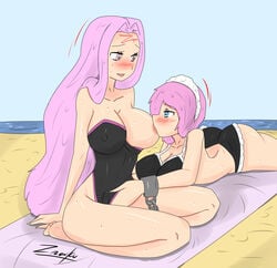 2girls beach breast_sucking breasts crossover fairy_tail fate/stay_night fate_(series) fingering medusa_(fate) multiple_girls swimsuit virgo_(fairy_tail) yuri zronku