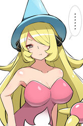 ... 1girls 2020 armpits bare_arms bare_shoulders blonde_hair blush breasts cleavage cosplay cynthia_(pokemon) female female_only frown grey_hair hair_ornament hair_over_one_eye hand_on_hip hat hatterene_(cosplay) highres human human_only large_breasts long_hair mituyota_76 nintendo pokemon pokemon_(cosplay) pokemon_dppt pokemon_ss simple_background solo speech_bubble spoken_ellipsis very_long_hair white_background witch_hat