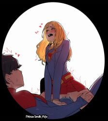 2girls black_hair blonde_hair blush bodysuit cowgirl_position dc_comics dc_extended_universe dc_universe_(franchise) highres kara_zor-el lesbian long_hair multiple_girls open_mouth red_skirt selfcest senin short_hair simple_background skirt smollb_nsfw straddling supergirl supergirl_(dcu) supergirl_(sasha_calle) superman_(2025) superman_(series) the_flash_(movie) yuri