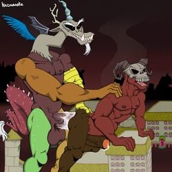 1:1 anal anthro antlers bodily_fluids building chimera cum cum_in_ass cum_inside cumming_together cumshot demon discord_(mlp) ejaculation friendship_is_magic furry gay genital_fluids hi_res horn humanoid hybrid macro male male/male markdeth my_little_pony nazuranoke nipples penetration straight_hair