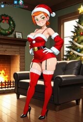 ai_generated ben_10 ben_10_(classic) christmas christmas_outfit christmas_tree civitai couch dress female fireplace garter_belt girl gwen_tennyson gwen_tennyson_(classic) high_heels lingerie living_room michellesme santa_claus santa_costume santa_dress santa_hat sexy.ai sexy_body sexy_pose stockings teenager