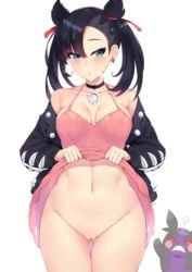 1girls asymmetrical_bangs bangs black_hair blue_eyes blush breasts choker cleavage cowboy_shot earrings female high_resolution human jewelry kuavera lifting_skirt marnie_(pokemon) medium_breasts morpeko navel nintendo pokemon pokemon_ss pussy short_twintails skindentation skirt_lift solo thigh_gap tied_hair twintails uncensored very_high_resolution