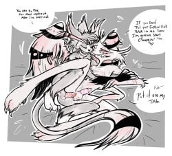 2boys 4_arms anal anal_penetration anal_sex angel_dust_(hazbin_hotel) anthro barbed_penis bed bedroom black_sclera dialogue english_text femboy furry game_cg gay gay_sex hazbin_hotel husk_(hazbin_hotel) indoors male/male monochrome one_eye_closed penis sharp_teeth source_request speech_bubble text twiggietime twink wings yaoi